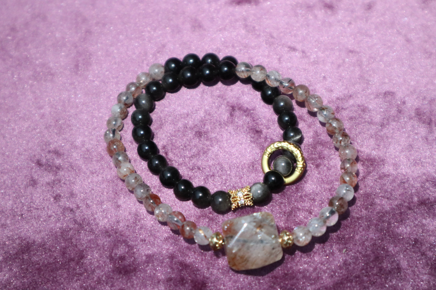 AB003-Obsidian & Rutilated Quartz Energy Bracelet - Balance & Protection