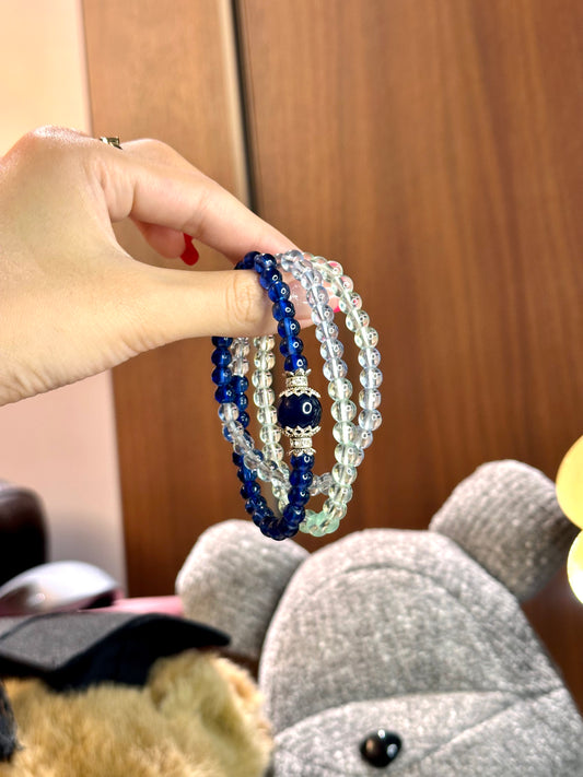 AB007-Aquamarine & Green Beaded Bracelet | Triple Strand Layered Design