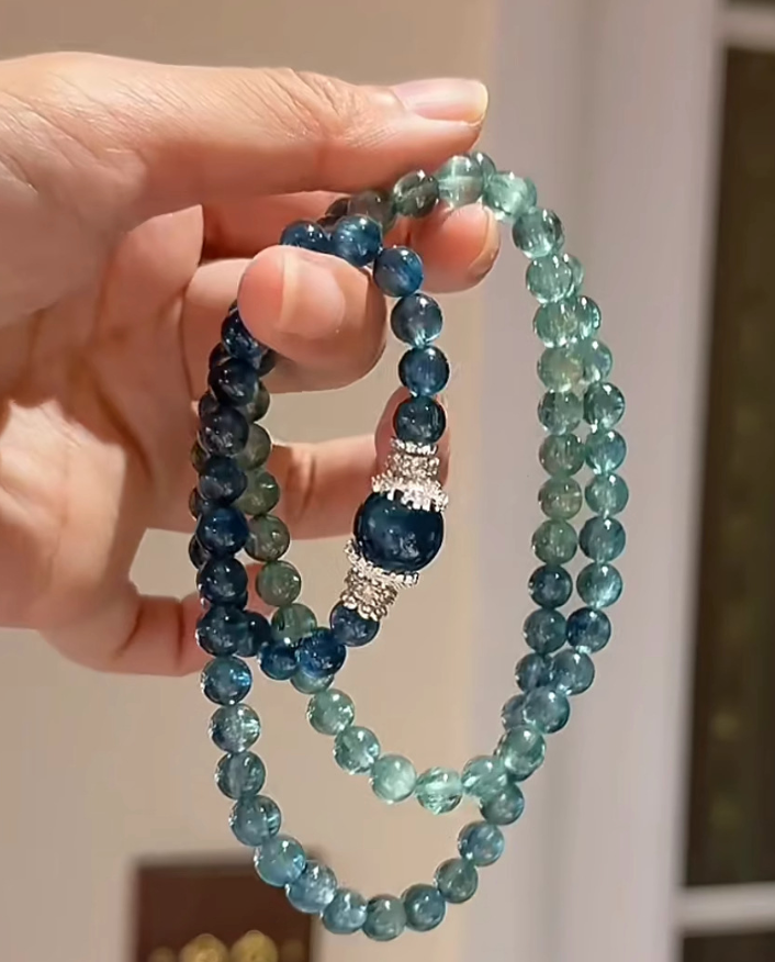 AB007-Aquamarine & Green Beaded Bracelet | Triple Strand Layered Design