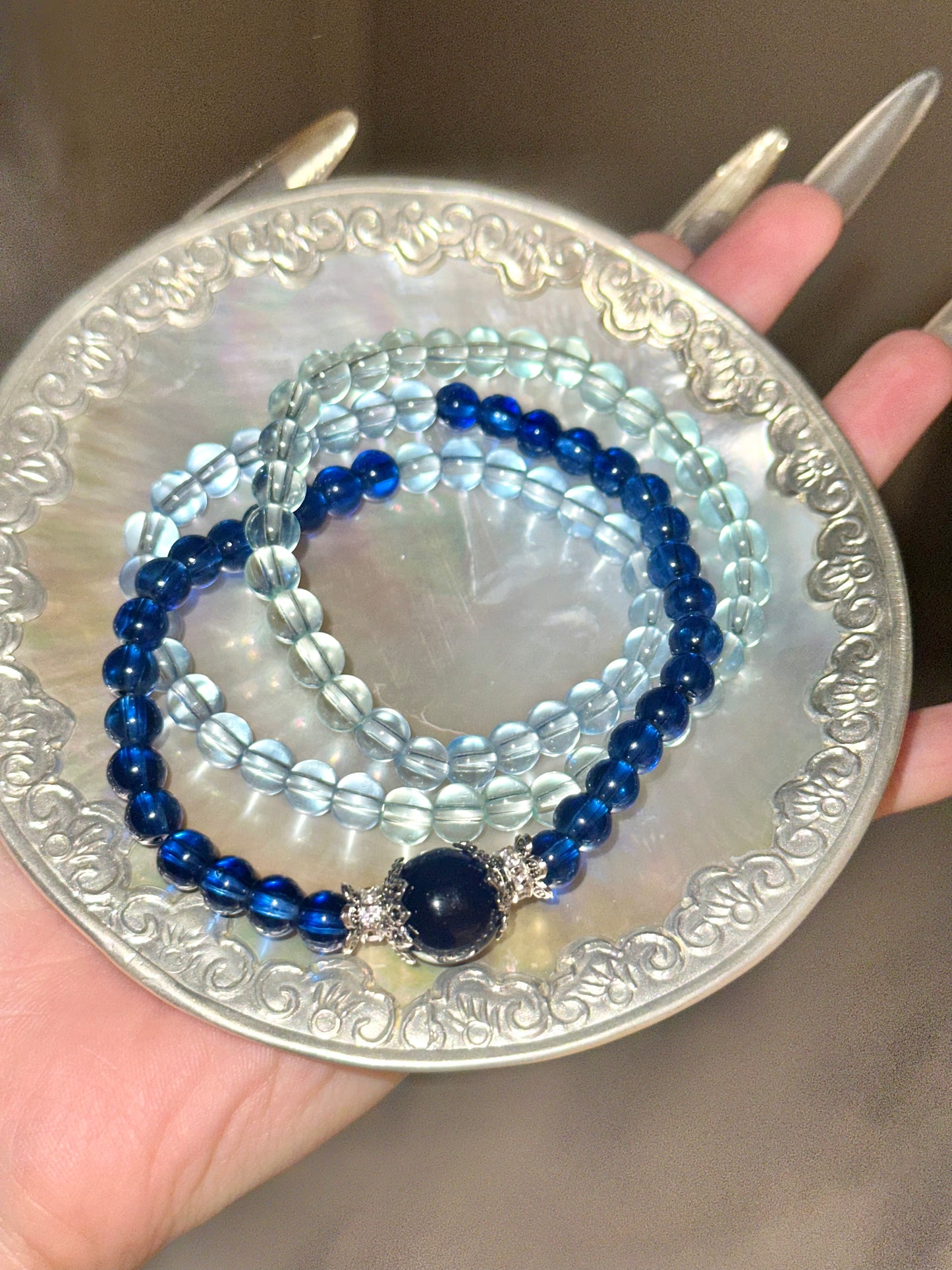 AB007-Aquamarine & Green Beaded Bracelet | Triple Strand Layered Design